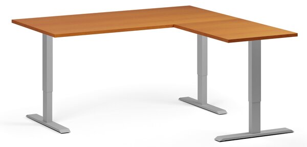 Rohový výškově nastavitelný stůl, 160x160 cm, 3 motory, L/P, šedá podnož, třešeň