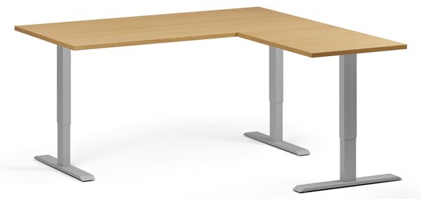 Rohový výškově nastavitelný stůl, 160x160 cm, 3 motory, L/P, šedá podnož, buk