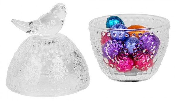 Broušená skleněná dóza ve tvaru velikonočního vejce s ptáčkem na víčku Gerjanne – 9x16 cm