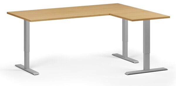 Rohový výškově nastavitelný stůl, 180x140 cm, 3 motory, L/P, šedá podnož, buk