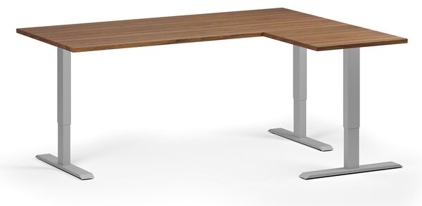 Rohový výškově nastavitelný stůl, 180x140 cm, 3 motory, L/P, šedá podnož, ořech