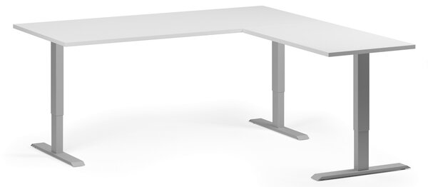 Rohový výškově nastavitelný stůl, 180x180 cm, 3 motory, L/P, šedá podnož, bílá