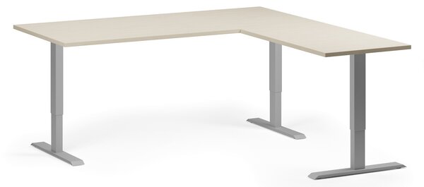 Rohový výškově nastavitelný stůl, 180x180 cm, 3 motory, L/P, šedá podnož, bříza