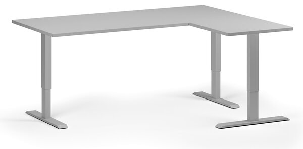 Rohový výškově nastavitelný stůl, 180x140 cm, 3 motory, L/P, šedá podnož, šedá