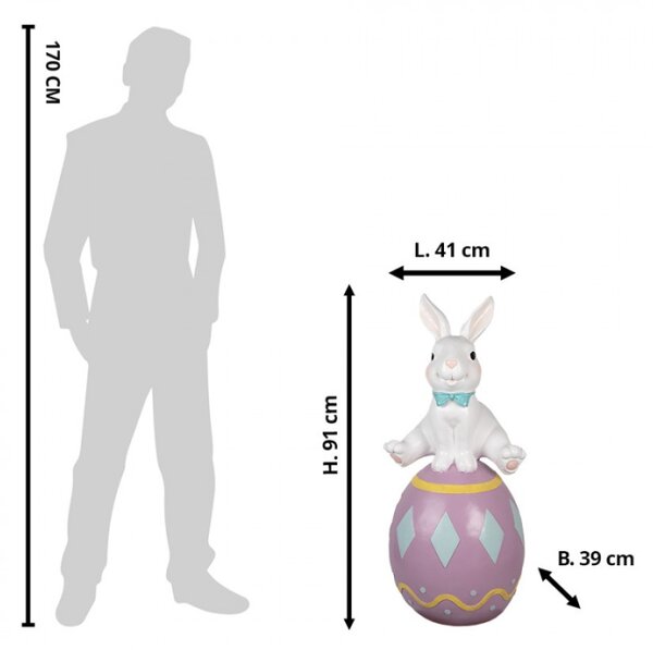 Velká socha králíka na fialovém velikonočním vajíčku – 91 cm