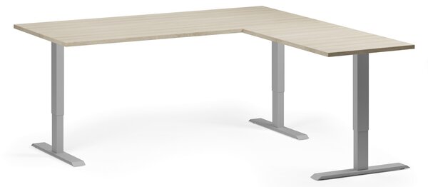 Rohový výškově nastavitelný stůl, 180x180 cm, 3 motory, L/P, šedá podnož, dub přírodní