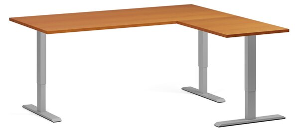 Rohový výškově nastavitelný stůl, 180x160 cm, 3 motory, L/P, šedá podnož, třešeň