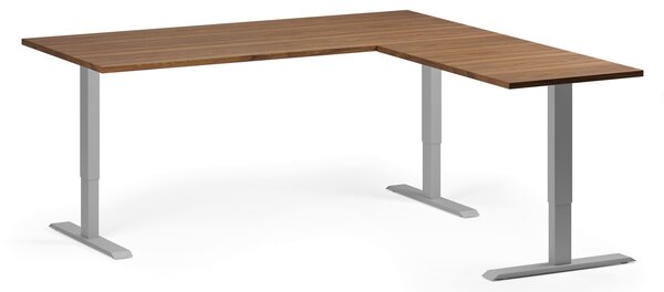 Rohový výškově nastavitelný stůl, 180x180 cm, 3 motory, L/P, šedá podnož, ořech