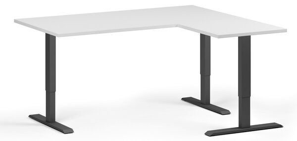 Rohový výškově nastavitelný stůl, 160x140 cm, 3 motory, L/P, černá podnož, bílá