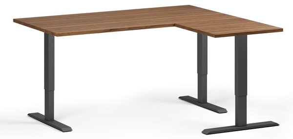 Rohový výškově nastavitelný stůl, 160x140 cm, 3 motory, L/P, černá podnož, ořech