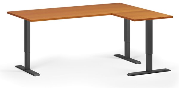 Rohový výškově nastavitelný stůl, 180x140 cm, 3 motory, L/P, černá podnož, třešeň