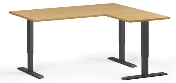 Rohový výškově nastavitelný stůl, 160x140 cm, 3 motory, L/P, černá podnož, buk
