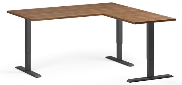 Rohový výškově nastavitelný stůl, 160x160 cm, 3 motory, L/P, černá podnož, ořech