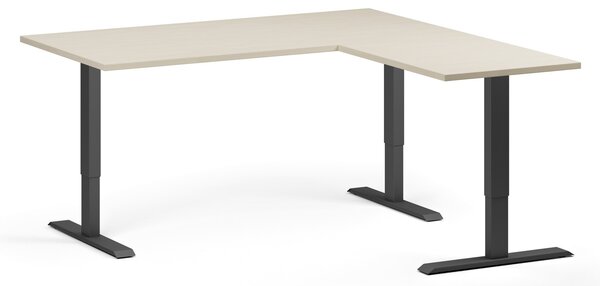 Rohový výškově nastavitelný stůl, 160x160 cm, 3 motory, L/P, černá podnož, bříza