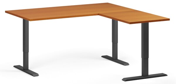 Rohový výškově nastavitelný stůl, 160x160 cm, 3 motory, L/P, černá podnož, třešeň