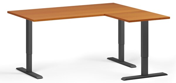 Rohový výškově nastavitelný stůl, 160x140 cm, 3 motory, L/P, černá podnož, třešeň