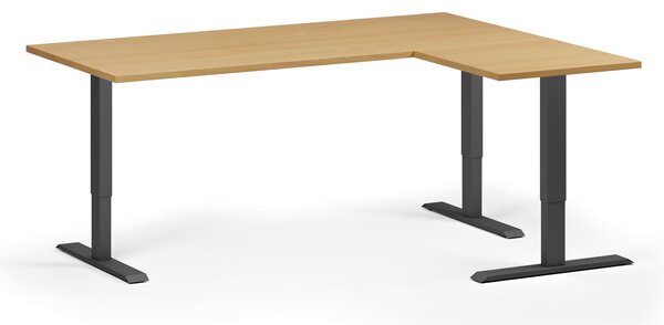 Rohový výškově nastavitelný stůl, 180x140 cm, 3 motory, L/P, černá podnož, buk