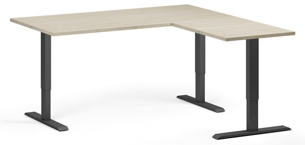 Rohový výškově nastavitelný stůl, 160x160 cm, 3 motory, L/P, černá podnož, dub přírodní