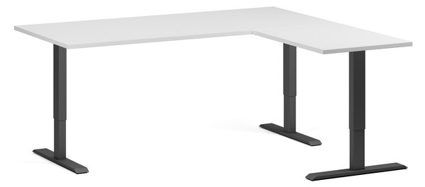Rohový výškově nastavitelný stůl, 180x160 cm, 3 motory, L/P, černá podnož, bílá