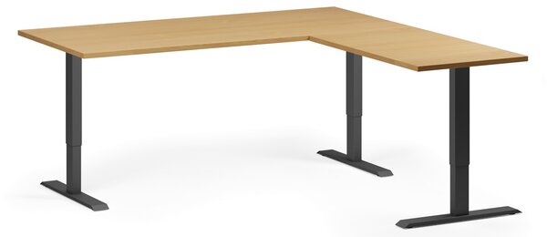 Rohový výškově nastavitelný stůl, 180x180 cm, 3 motory, L/P, černá podnož, buk