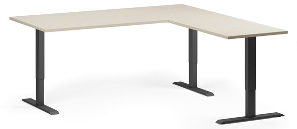 Rohový výškově nastavitelný stůl, 180x180 cm, 3 motory, L/P, černá podnož, bříza