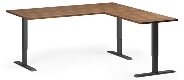 Rohový výškově nastavitelný stůl, 180x180 cm, 3 motory, L/P, černá podnož, ořech