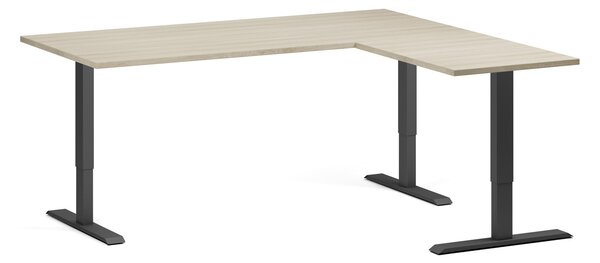 Rohový výškově nastavitelný stůl, 180x160 cm, 3 motory, L/P, černá podnož, dub přírodní