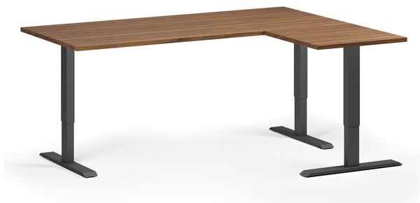 Rohový výškově nastavitelný stůl, 180x140 cm, 3 motory, L/P, černá podnož, ořech