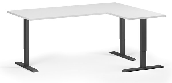 Rohový výškově nastavitelný stůl, 180x140 cm, 3 motory, L/P, černá podnož, bílá