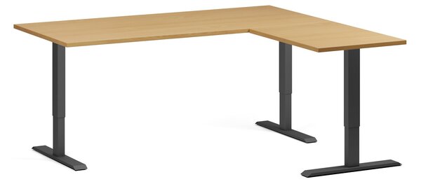 Rohový výškově nastavitelný stůl, 180x160 cm, 3 motory, L/P, černá podnož, buk