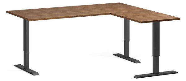 Rohový výškově nastavitelný stůl, 180x160 cm, 3 motory, L/P, černá podnož, ořech
