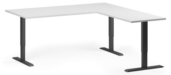 Rohový výškově nastavitelný stůl, 180x180 cm, 3 motory, L/P, černá podnož, bílá