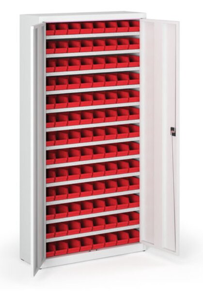 Skříň s plastovými boxy BASIC - 1800 x 400 x 920 mm, 104xA, šedá/šedé dveře
