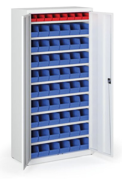 Skříň s plastovými boxy BASIC - 1800 x 400 x 920 mm, 8xA/54xB, šedá/šedé dveře