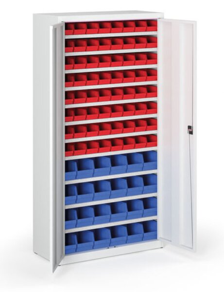 Skříň s plastovými boxy BASIC - 1800 x 400 x 920 mm, 64xA/24xB, šedá/šedé dveře