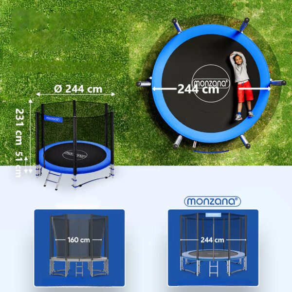Trampolína s bezpečnostní sítí JUMP, Ø244cm, černá/modrá Monzana