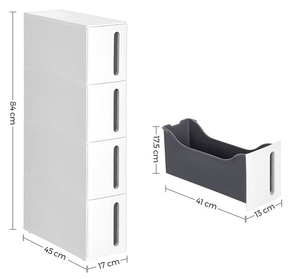 SONGMICS Pojízdný úzký regál 4 zásuvky 17 x 84 cm bílá šedá