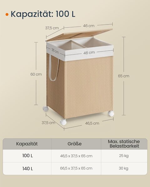 Koš na prádlo na kolečkách 100 l, béžovo-bílý LCB601N01