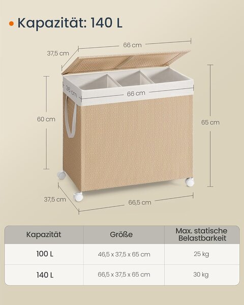SONGMICS Pojízdný koš na prádlo 3D 140 l béžová