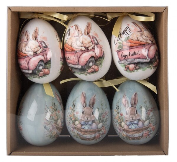 Sada 6 závěsných velikonočních vajíček s veselým motivem Happy Easter – 7x10 cm