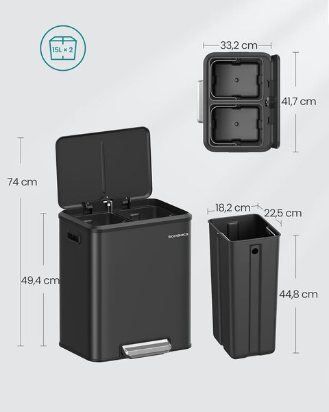 SONGMICS Odpadkový koš Franko 2x15 l černý