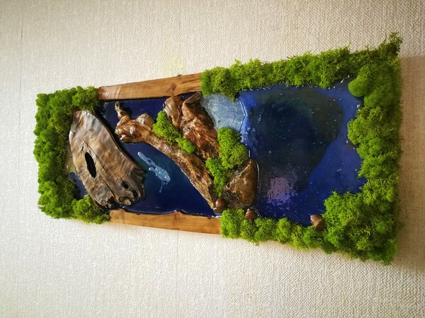 Mechový obraz v kombinaci s epoxidovou pryskyřicí 30cm x 80cm