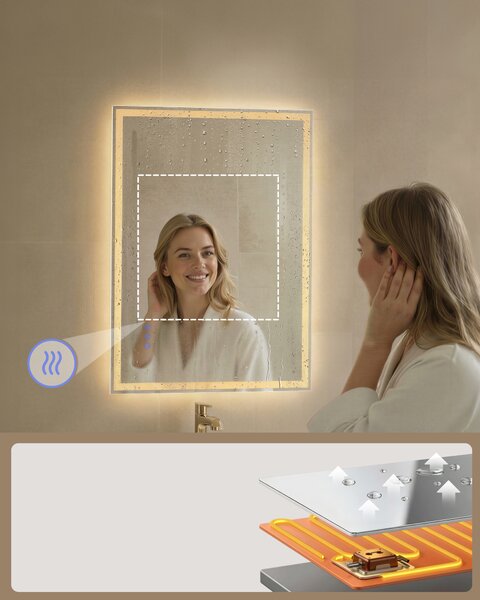 SONGMICS Koupelnové zrcadlo s LED osvětlením funkce proti zamlžování nastavitelná barva a jas 71 x 51 cm bílá