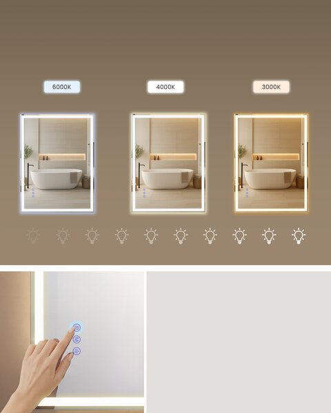 SONGMICS Koupelnové zrcadlo s LED osvětlením funkce proti zamlžování nastavitelná barva a jas 71 x 51 cm bílá