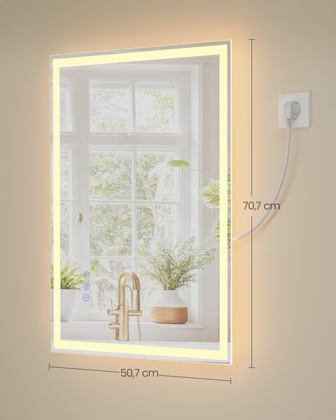 SONGMICS Koupelnové zrcadlo s LED osvětlením funkce proti zamlžování nastavitelná barva a jas 71 x 51 cm bílá