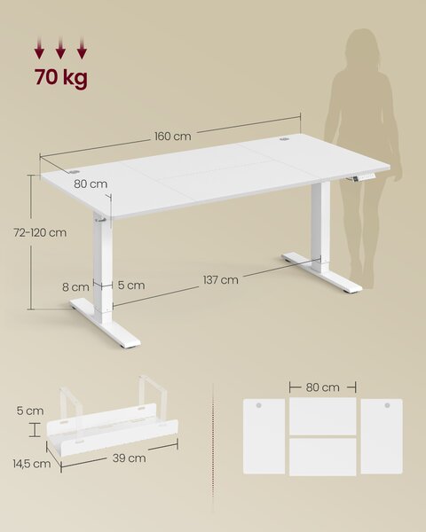 VASAGLE Výškově nastavitelný stůl elektrický 160 x 80 cm bílá