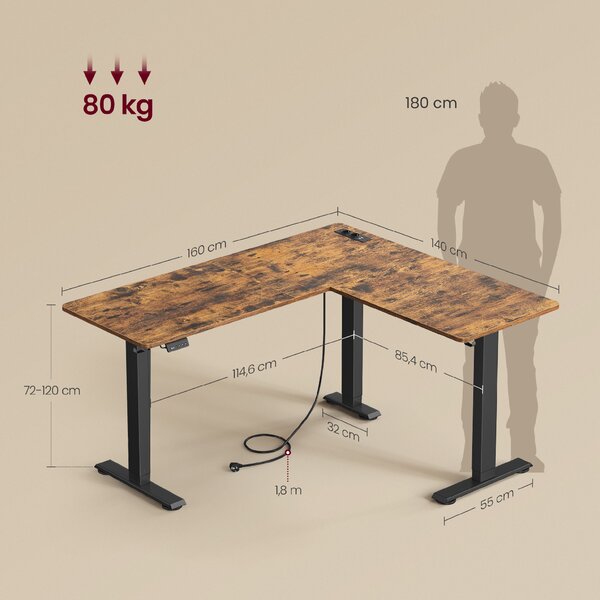 VASAGLE Výškově nastavitelný rohový stůl 160 x 140 cm hnědá