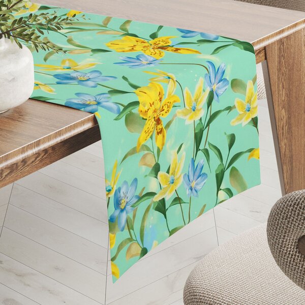 Biante Teflonový běhoun na stůl TF-082 Žluto-modré lilie na mintovém 20x120 cm