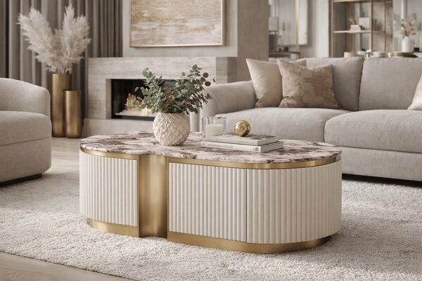 LivinHill Konferenční stolek Stilig ST914B 122 cm mramor/krémový/zlatý