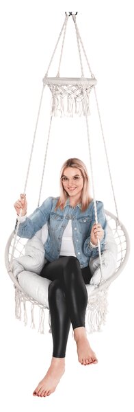 KONDELA Závěsné houpací křeslo s třásněmi, bílá, DELUS